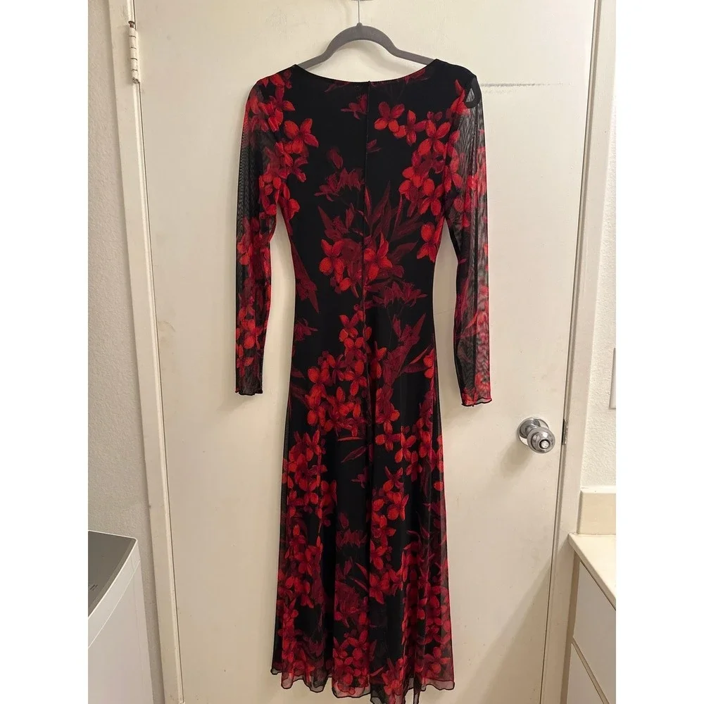 Connected Apparel Red Floral Mesh Midi‎ Dress Valentines Romance Whimsigoth 4